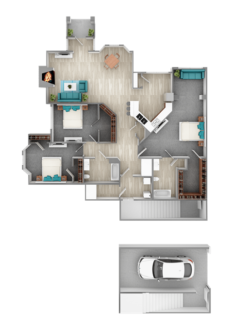 Floor plan for 3 beds, 2 baths, 1480 sqft